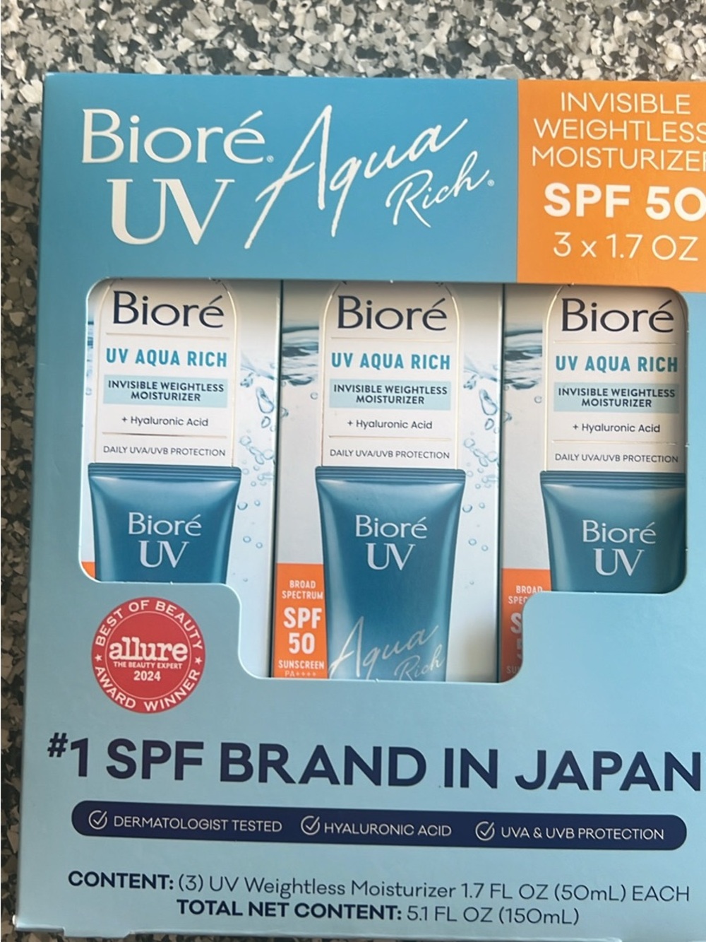Biore UV Aqua Rich SPF 50 Weightless Moisturizer - Blue (3 Pack)